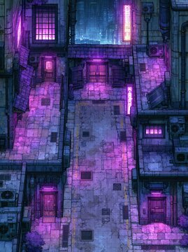 Cyberpunk city battlemap. Top-down view of a neon alleyway for tabletop roleplaying games.