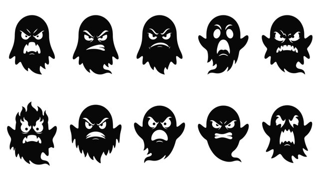 Collection of tattered ghost silhouettes with mean and scary expressions for horror and halloween decorative elements.