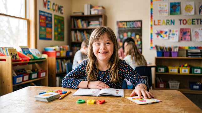 Young girl with Down syndrome smiling while studying at her desk in a colorful inclusive classroom