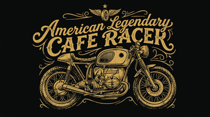 Vintage American Legendary Cafe Racer Motorcycle Illustration, Retro Biker T-shirt Design Vector, Classic Custom Motorbike Graphic with Ornate Typography © Iconify Studio