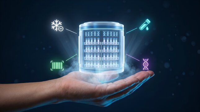 Futuristic medical cold storage hologram in hand, digital laboratory vaccine refrigerator concept, biotech cryogenic storage technology for medicine
