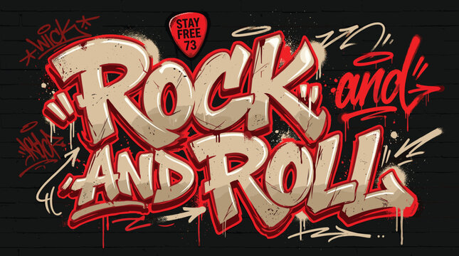 Graffiti rock and roll text art, urban street style lettering on black brick wall, grunge music poster design, vector EPS illustration