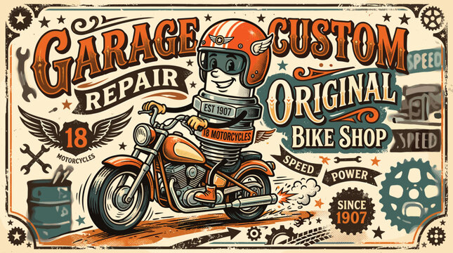 Vintage custom garage repair vector illustration, retro motorcycle bike shop poster, classic biker character with helmet and spark plug body