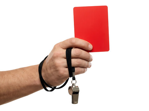 Referee hand holding red card and whistle. Sports official showing penalty card isolated on transparent background