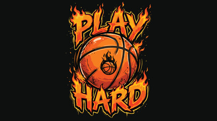 Flaming basketball vector illustration with Play Hard text, fiery sports mascot graphic, orange basketball on fire for t-shirt design and streetwear © Iconify Studio