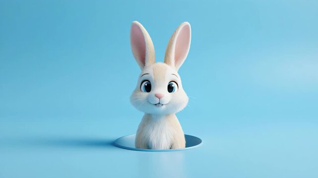 Cute white rabbit peeking from hole in bright blue studio with subtle lighting for Easter celebration