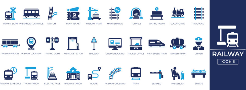 Railway, train, and station solid vector icons set. Subway track, travel, and railroad transport symbols collection illustration.