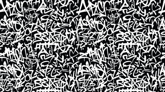 Graffiti tag seamless pattern vector, urban street art background with white handstyle calligraphy on black, chaotic hip hop wall texture