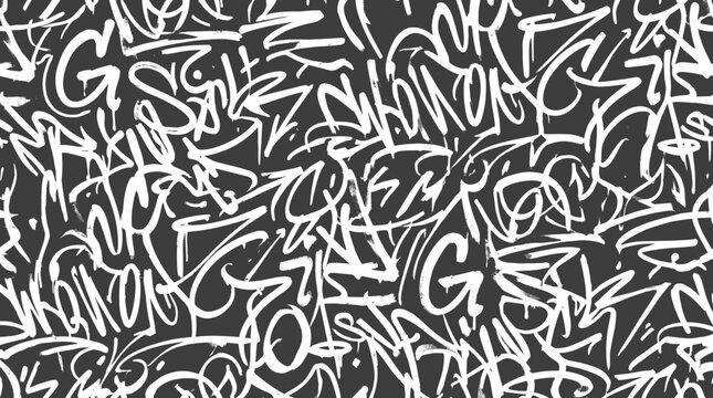 Graffiti tag seamless pattern vector, urban street art background with white handstyle lettering, monochrome hip hop wall texture for apparel