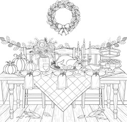 Fototapeta premium Thanksgiving dinner table setting with roasted turkey and pies, coloring page
