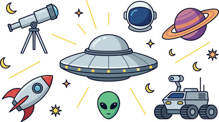 Outer space exploration and UFO vector illustration set with telescope spaceship rocket alien mars rover saturn planet and astronaut helmet © MdSazib