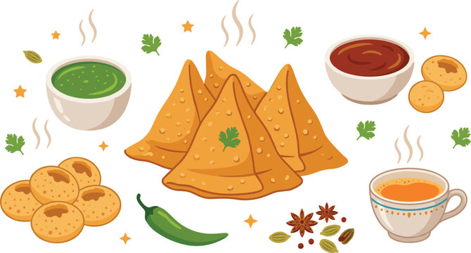 Indian street food samosa and pani puri vector illustration set with green chutney tamarind sauce chili pepper and hot chai tea