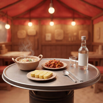 korean indoor pocha pub atmosphere with soju and traditional snacks