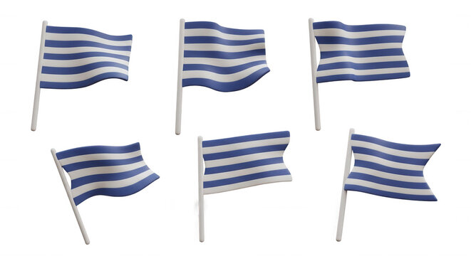 3d rendered set of six waving blue and white striped flags isolated on white patriotism or national pride visuals