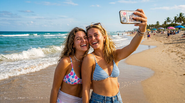 Dos amigas sonrientes haci&eacute;ndose un selfie en la playa junto al mar durante un d&iacute;a soleado, transmitiendo amistad, diversi&oacute;n, vacaciones y momentos inolvidables.