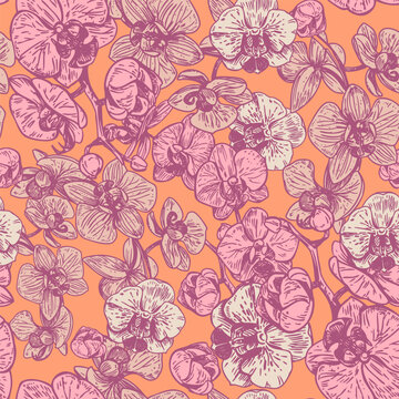 Orchid seamless pattern, realistic sketch, set of floral illustrations, hand-drawn vector