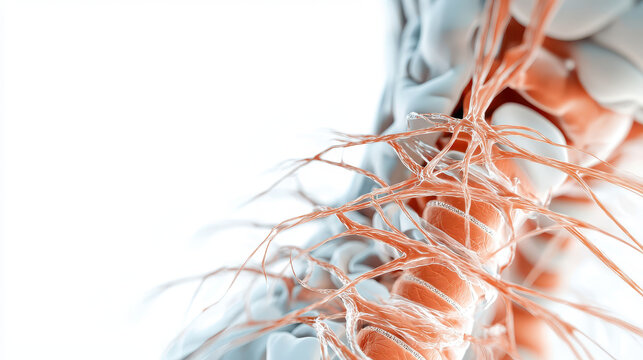 Anatomical representation of human nerves and spinal structure, showcasing intricate details of nerve fibers and connections