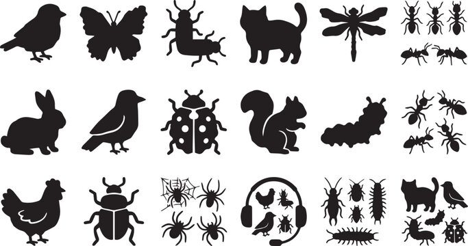 Collection of black silhouettes featuring various animals, insects, birds, and small creatures arranged in a grid pattern on white background