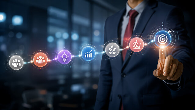 Businessman touching virtual interface screen displaying strategic target goals and workflow icons representing corporate growth progress digital transformation modern business success and leadership 