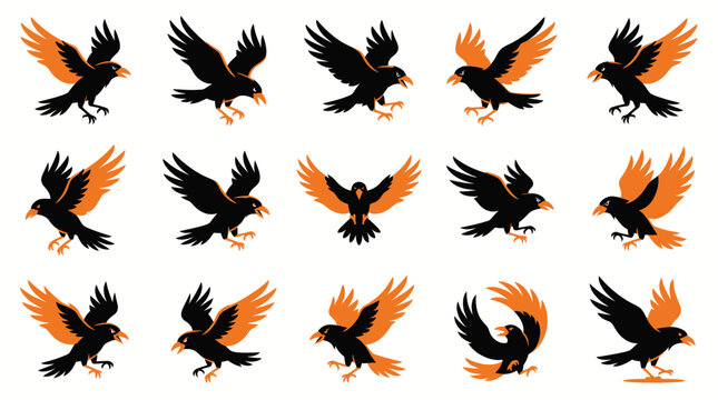 Set of artistic watercolor illustrations featuring black ravens and crows in various flying poses isolated on white background