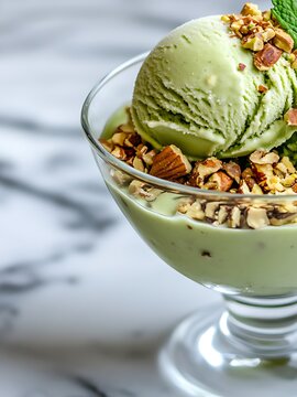 Scoop of pistachio ice cream in a glass bowl topped with crushed nuts and mint leaf on a marble surface.