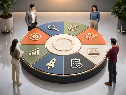 Business professionals standing around large multi color circular process pie chart representing creative agile development team workflow marketing strategy target goal execution 