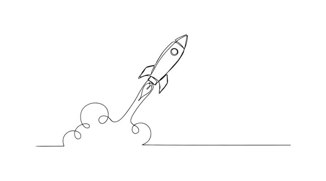 Single line continuous drawing of a space rocket launching into the sky with adventure innovation blastoff