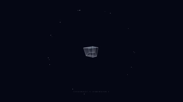 Rotating tesseract wireframe structure floating in dark cosmic space