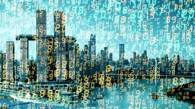 chongqing cyberpunk city with overlayed code and data on the buildings