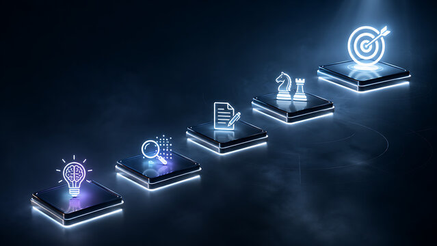 Glowing digital pedestals forming upward stairs with business planning icons representing idea research documentation strategy and target achievement process futuristic technology 