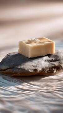 A handmade organic soap bar with oatmeal texture placed on a natural stone above rippling water, minimalist zen aesthetic, neutral earth tones.