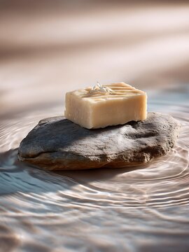 A handmade organic soap bar with oatmeal texture placed on a natural stone above rippling water, minimalist zen aesthetic, neutral earth tones.