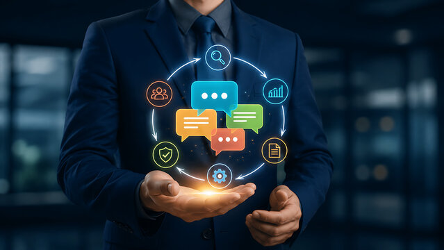 Businessman holding colorful chat speech bubbles in circle with business icons representing customer feedback communication workflow social interaction management and digital marketing 