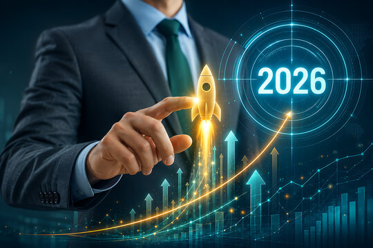 Businessman touching glowing rocket launching towards business target year 2026 with rising growth charts financial development concept and successful strategy implementation 