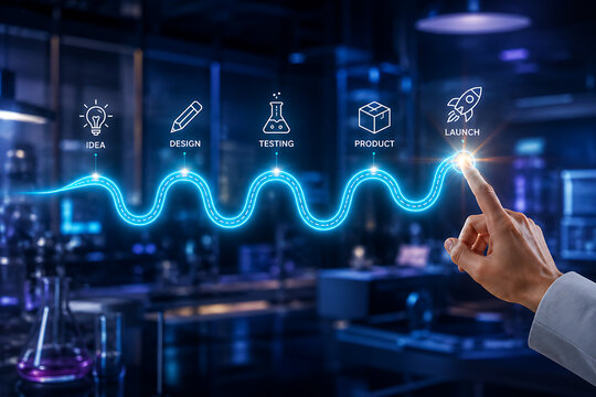 Hand touching glowing launch icon on digital interface displaying product development stages including idea design testing and final product against blurred futuristic science laboratory background