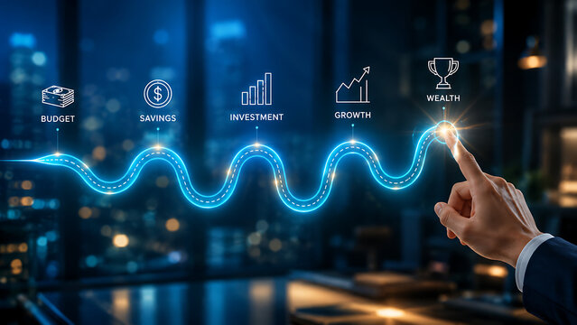 Businessman hand selecting wealth icon on virtual screen showing financial planning stages like budget savings investment and economic growth over a modern dark office background
