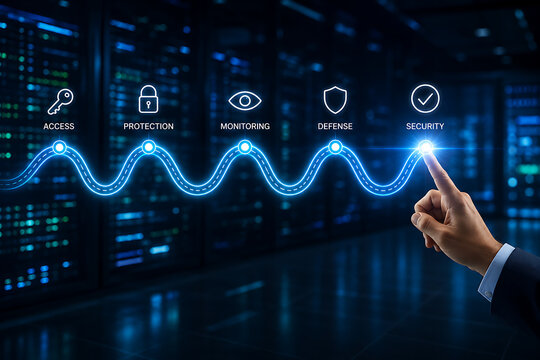 Professional hand clicking glowing security icon on digital cybersecurity pathway displaying access protection monitoring and defense stages over blurred dark network server data center background