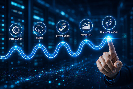 Hand touching glowing transformation icon on technological pathway displaying automation cloud integration and analytics steps over blurred dark server room network infrastructure digital 