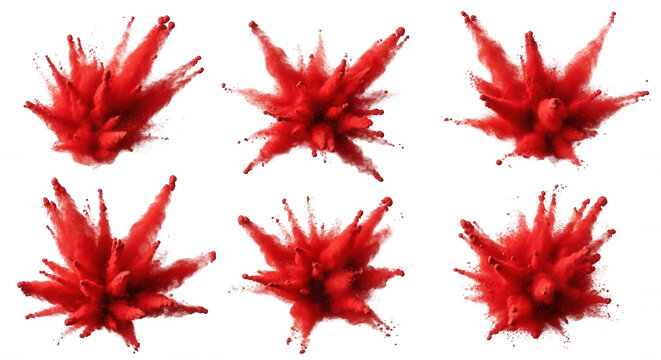 six explosions of red powder against white background aerial view design