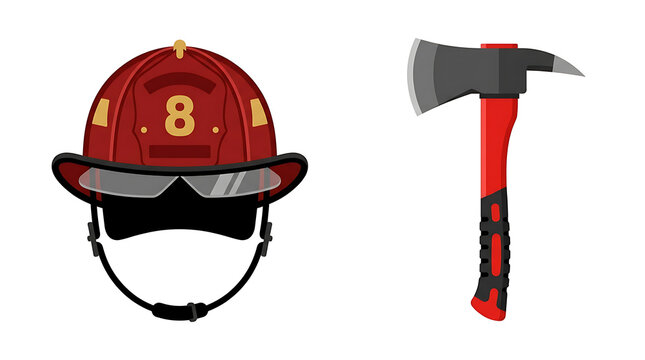 Front view firefighter helmet with number 8 and reflective visor next to a red axe with black handle ready for action emergency services equipment