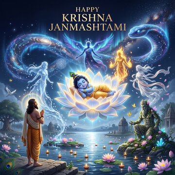 Divine infant resting on lotus in celestial janmashtami celebration scene with spiritual figures with tranquil water body adorned floating flowers candles under starry night sky