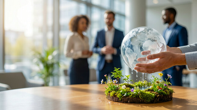 Hands holding a melting ice globe over a miniature green ecosystem in a modern office, symbolizing corporate environmental responsibility and climate change awareness