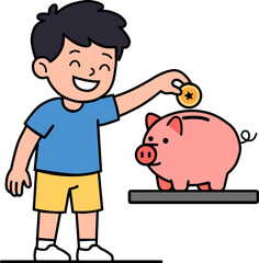 Happy cute young boy putting gold coin into piggy bank vector illustration for kids financial education, saving money habit, and future investment concept.