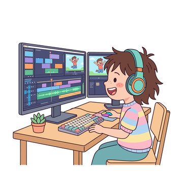 Creative woman editing video with headphones and multiple monitors.