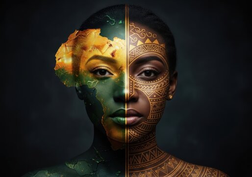 Portrait of a woman with african map and tribal patterns on her face