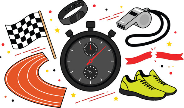 Running track and field sports vector illustration set with stopwatch checkered flag whistle fitness tracker shoes and broken finish ribbon