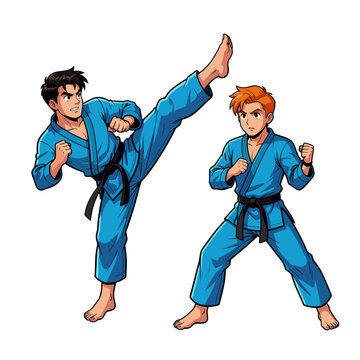 Two Martial Artists Practicing Karate Kick in Blue Gi Uniforms