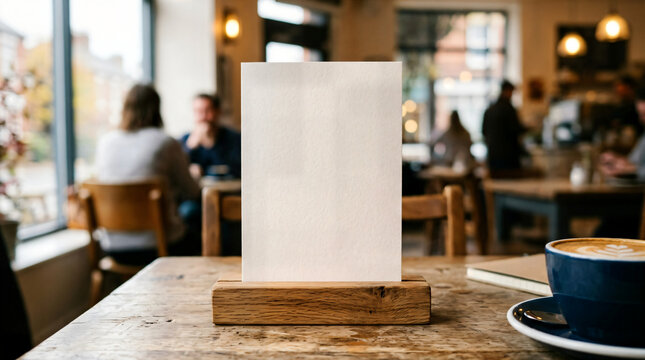 Blank paper table tent menu mockup in a cozy coffee shop cafe with restaurant