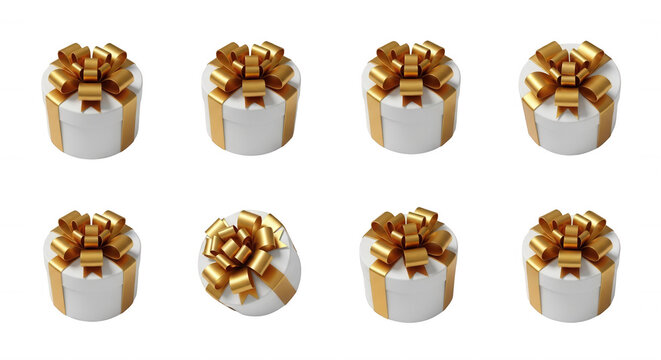 eight round white gift boxes tied with gold ribbon and bows arranged on a white background useful for holidays