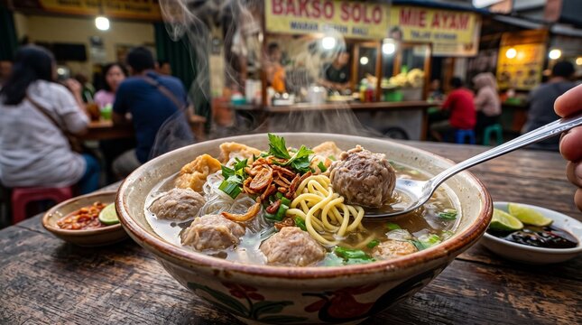 Traditional Indonesian meatball soup served in a bowl. Flavorful bakso noodle dish with herbs and broth for Asian cuisine.